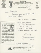James Burt- Signed Handwritten Letter from 1992 (WWII MOH Recipient)