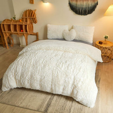 Luxury Shaggy Faux Fur King Duvet Cover Set, Ultra Soft Ivory Bedding