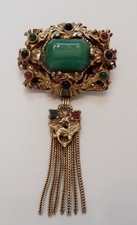 Vintage Signed Kramer New York Large Green Cabochon Dragon Tassel Brooch Pin
