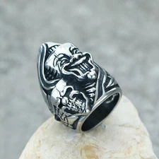 Double Smile Face Skull Head Ring Stainless Steel Men Biker Skull Ring Size 7-13