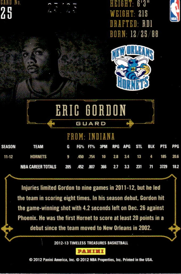 2012 PANINI TIMELESS TREASURES ERIC GORDON 25 NRMT SILVER 25/25 HORNETS - Image 2 of 2