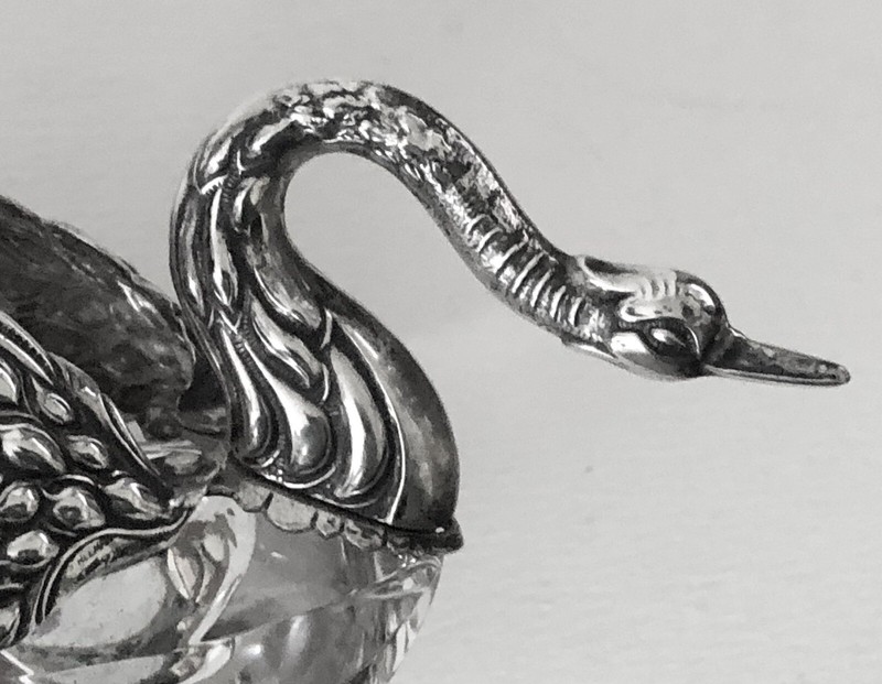 VINTAGE Sterling SWAN Crystal DIVIDED Salt Cellar GERMANY Movable Wings + Spoon
