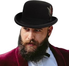 Men'S Wool Fedora Hats Women Felt Bowler Derby Hat with Feather