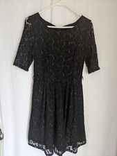 Black Lace Dress Med Gold Sparkle Cocktail Party Sheath 3/4 sleeve By & By