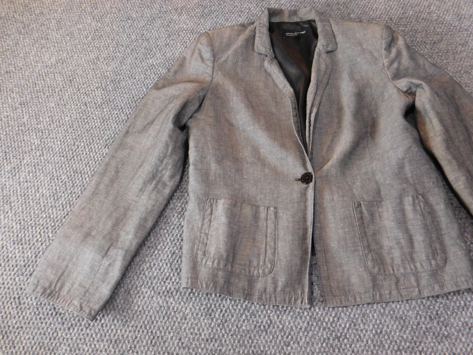 Jones New York Womens Jacket 12 Gray one button blazer classic linen - Image 3 of 4