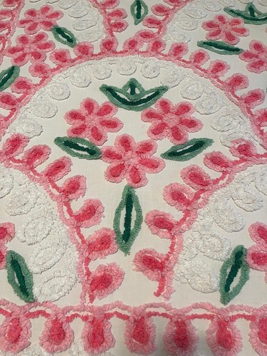 Copriletto Vintage Ciniglia Coperta Rosa Bianco Fiori Girevoli, Queen, Full Size - Foto 3 di 8