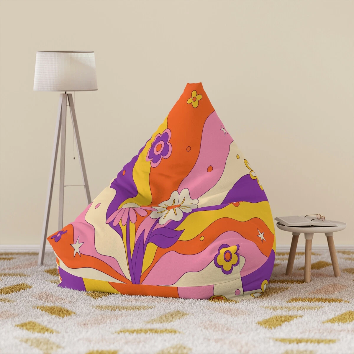 Retro 60s 70s Hippie Groovy Boho Flower Power Bean Bag Chair
