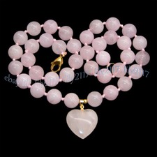 Natural Pink Rose Quartz Round Gems Heart Shaped Pendant Necklaces 6/8/10/12mm
