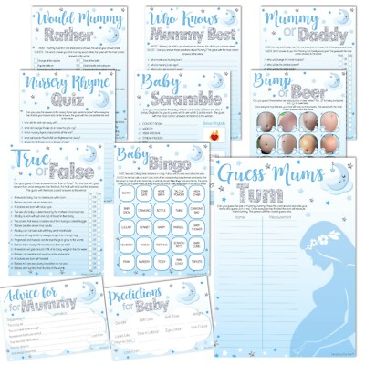 MOND UND STERNE BLAU - Babyparty Spiele x20, Junge, Bingo, Mama, Papa, Beratung, Quiz