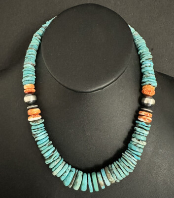 Sterling Silver Graduated Turquoise Spiny Oyster Bead Necklace 18 Inch
