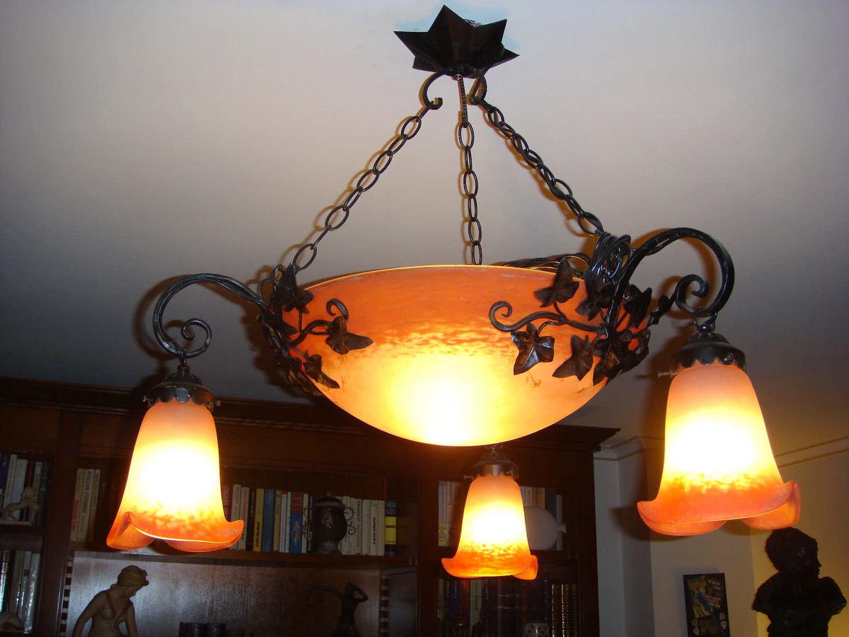 Lanterne Lustre Ancienne En Fer Forgé Et Verre - Vintage, Décoration Intérieure Ou Jardin