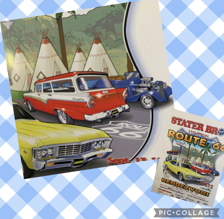 Vintage Route 66 Poster San Bernardino Ca. Hot Rod ,Wigwam Motel