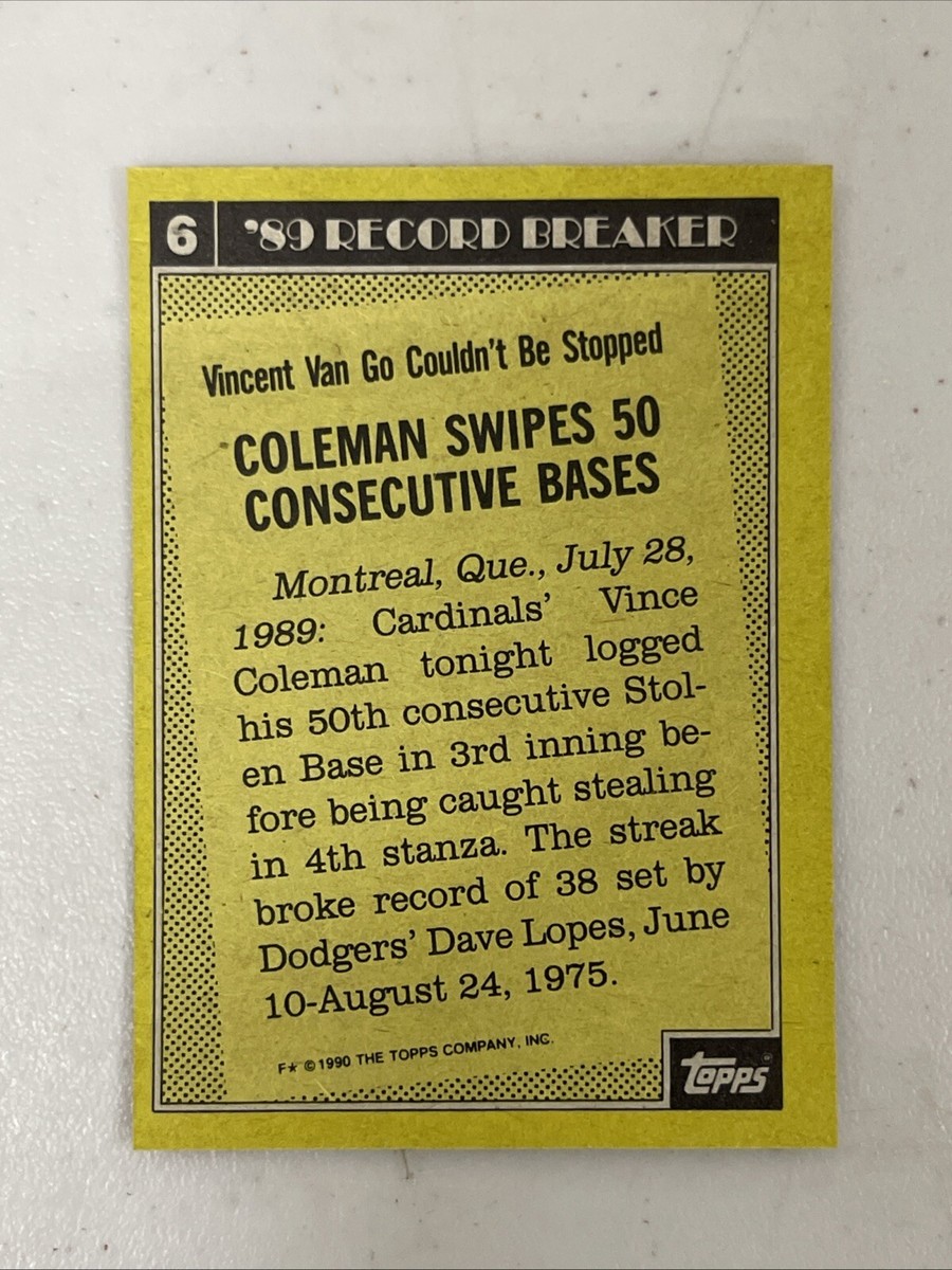 1990 Topps Record Breaker '89 Baseball Card #6 Vince Coleman St