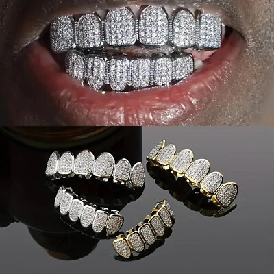 Grillz Gold or Silver Colour Iced Out Teeth Top Bottom Men Women Jewelry 