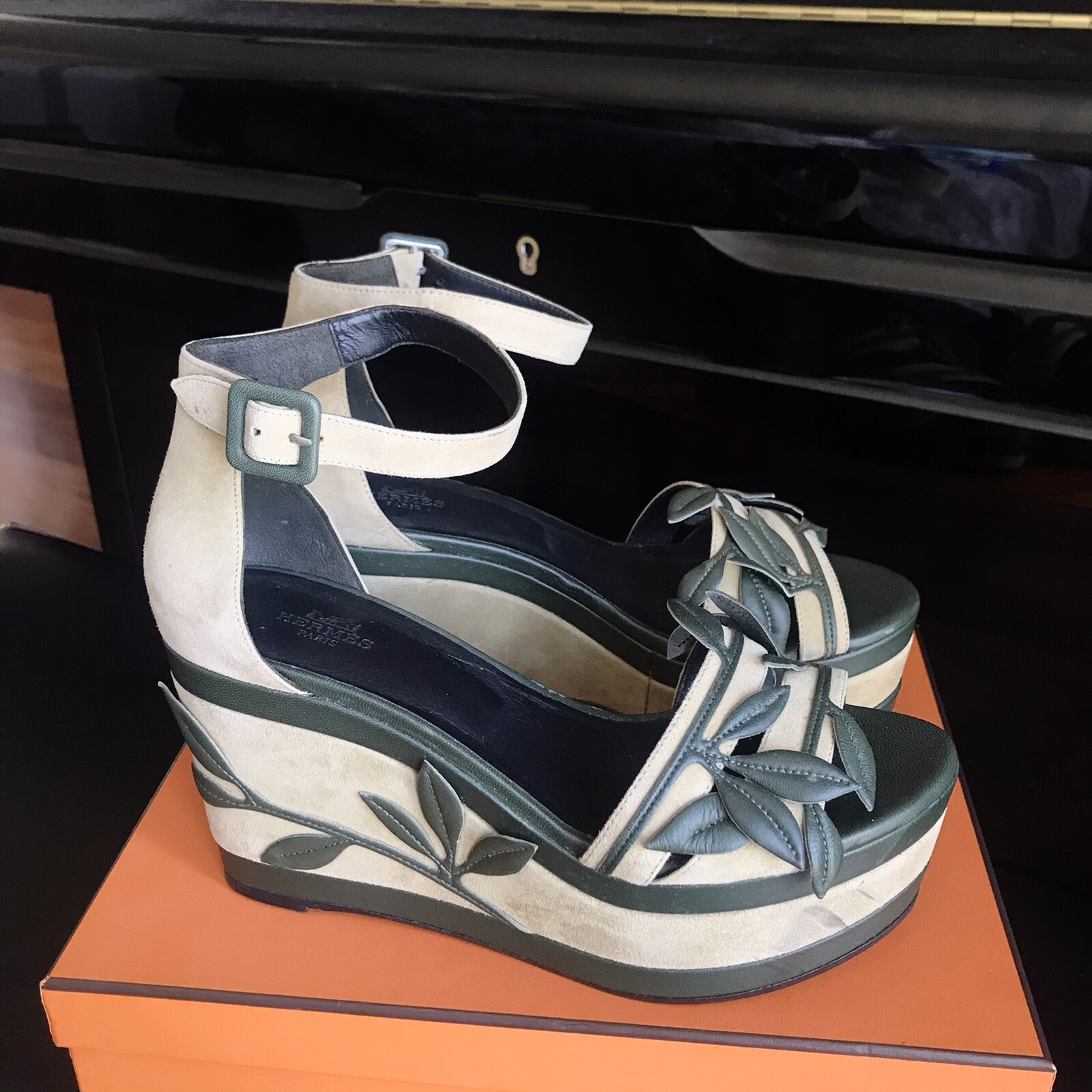 Auth New HERMES Platform Wedge Sandals Suede u0026 Leather Sz 37 | eBay