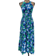 Abel The Label Halter Maxi Dress Sleeveless Open Back Blue Green Floral Small