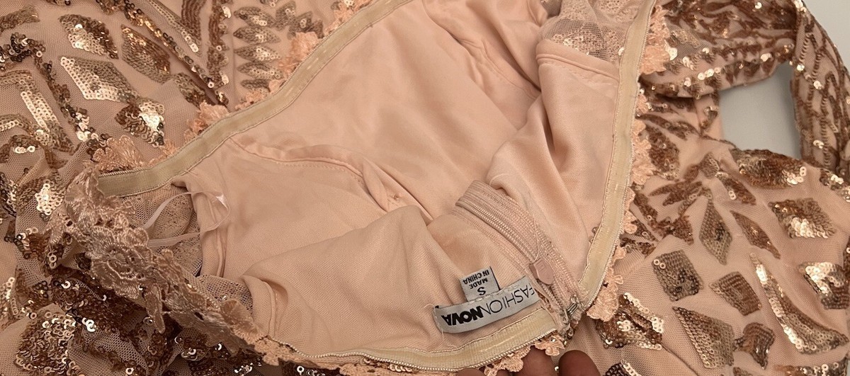 fashion nova rose gold sequin floor length , long sleeve formal dress  WITHOUT TA | eBay