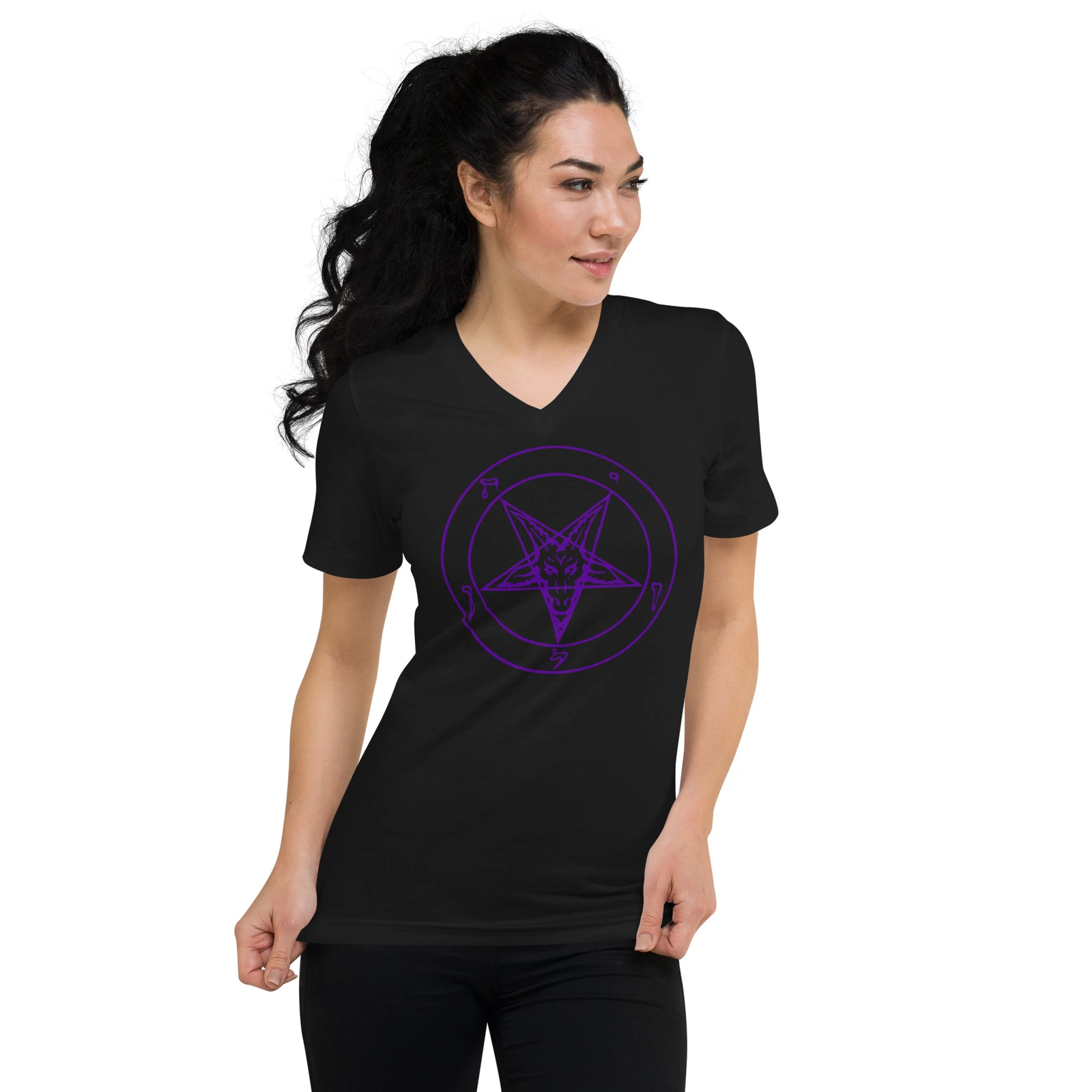Purple Sigil of Baphomet Insignia of Satan Unisex Short Sleeve V-Neck T-Shirt