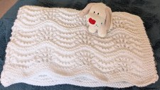 Hand Crafted Knitted Baby Blanket. White - Feather  Fan Pattern In DK