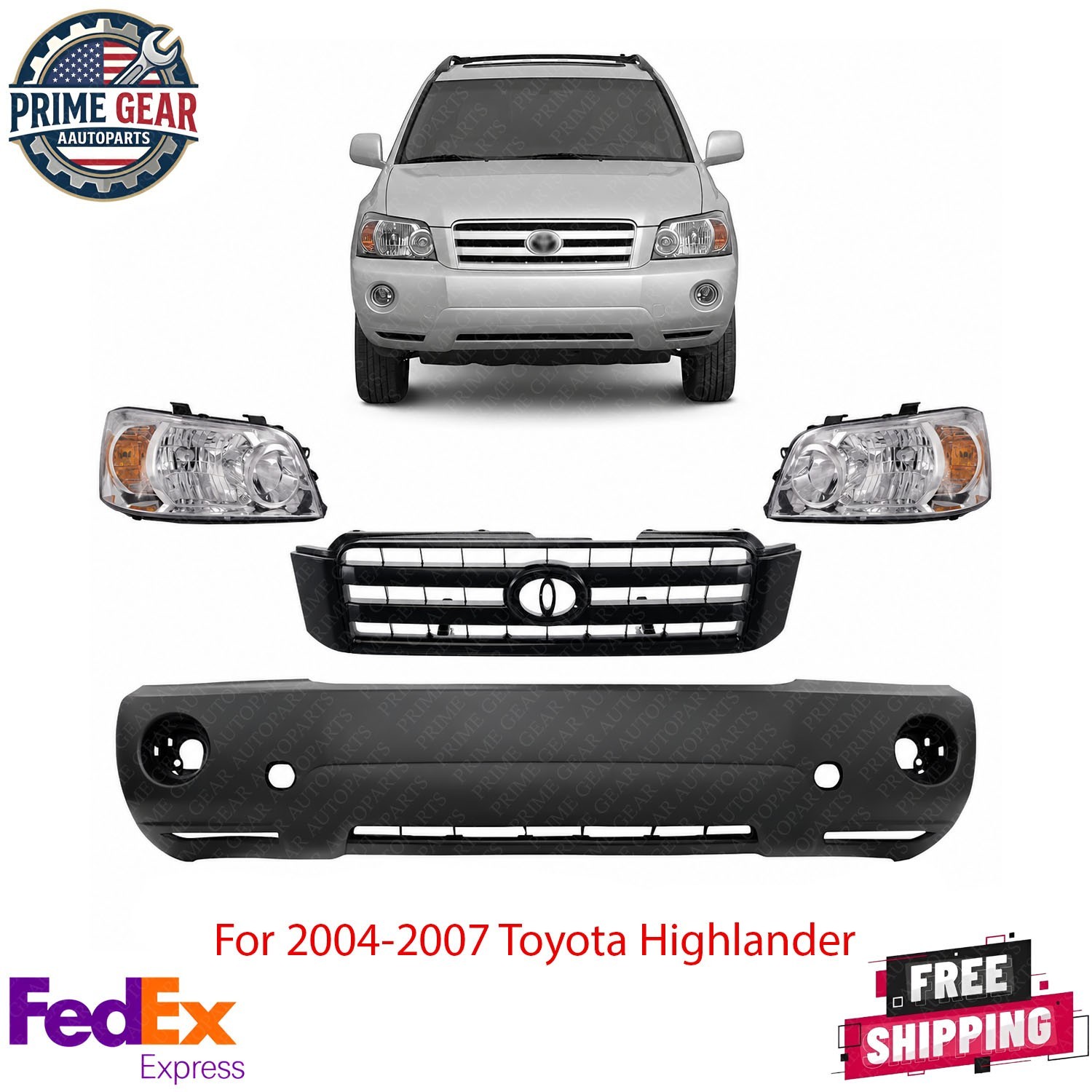 New Front Bumper Cover & Headlights Assembly Kit For 2004-2007 Toyota Highlander