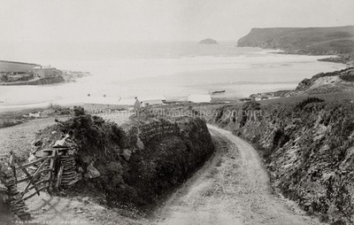 Polzeath Bay Cornwall Coastal View Dirt Road Cottages Beach Vtg. Photo 19thC.