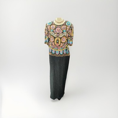 SCALA Long Black Beaded 100% Silk Evening Gown  Multi Vintage 2x Fit XL 1x  New