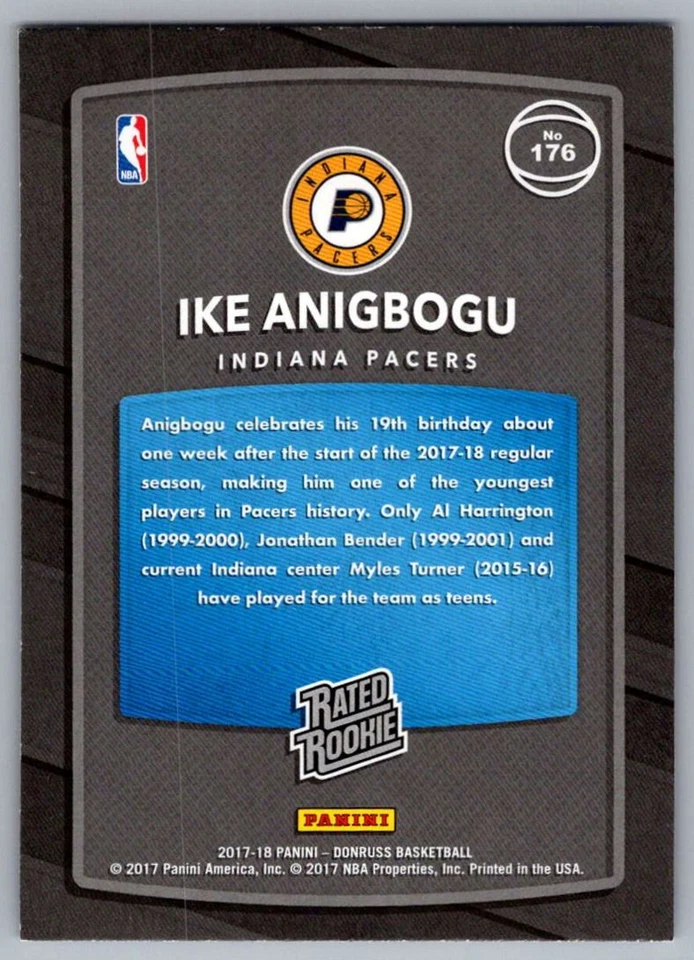 2017-18 Donruss Ike Anigbogu Rookie Indiana Pacers #176 - Image 2 of 2