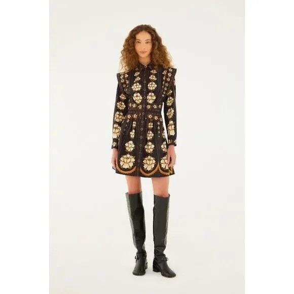 Farm Rio Black Bold Flowers Long Sleeve Mini Dress S NWOT