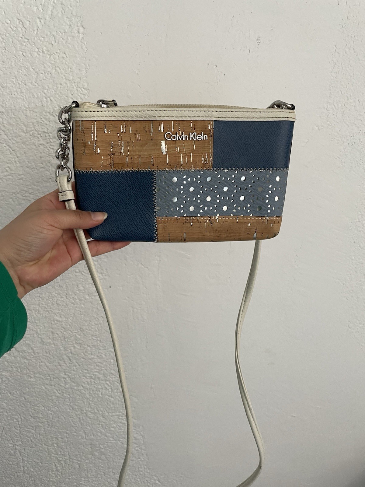 Calvin Klein Patchwork Shoulder Bag Blue Beige Br… - image 3