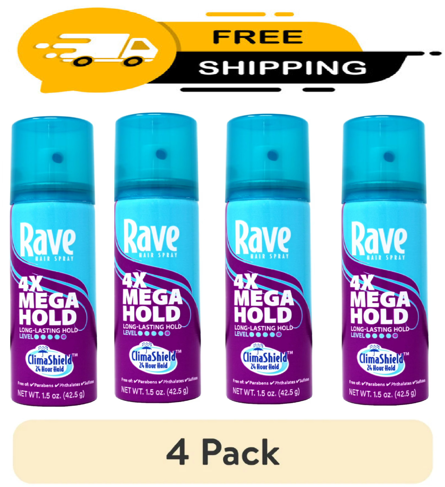 (4 pack) Rave 4X Mega Hold Hair Spray, All-Weather Protection, Travel Size, 1.5