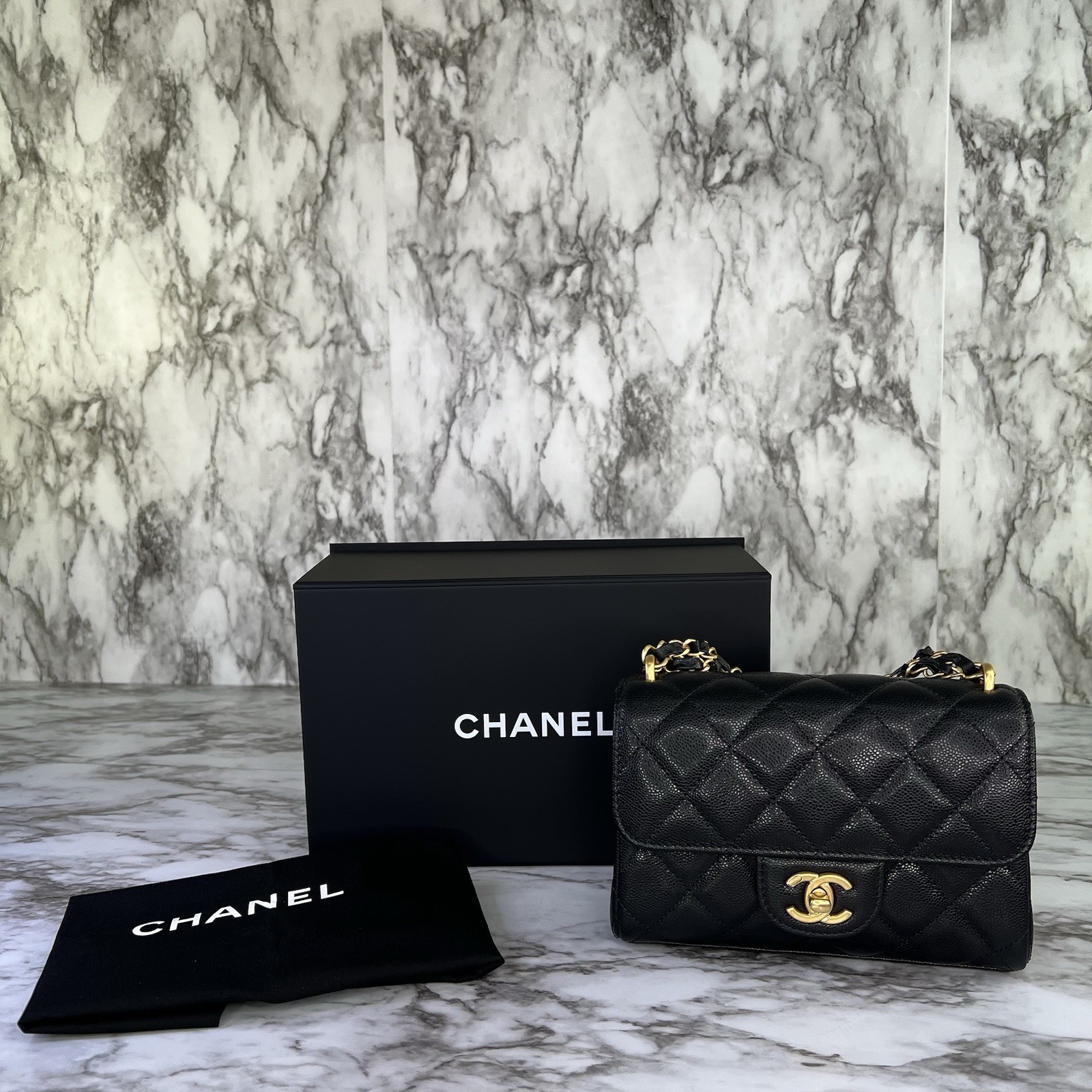 Chanel Mini Flap Handbag Black Gaviar Leather Gold Crossbody Chain Authentic New