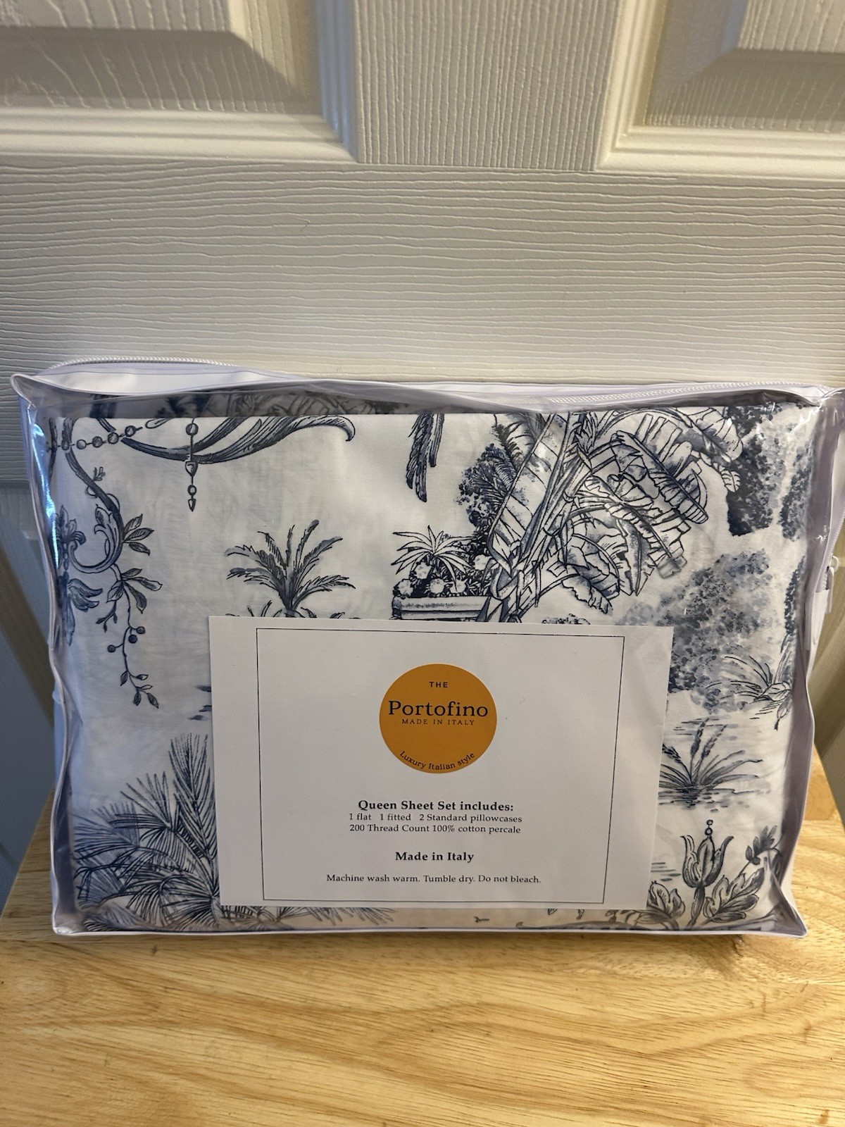 Portofino Jungle Toile Elephant Print White Blue Queen Sheet Set  Made in Italy