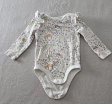 Laughing LLama Jumpsuit Girl Size 6M White Animal Print Ruffled Long Sleeve Snap