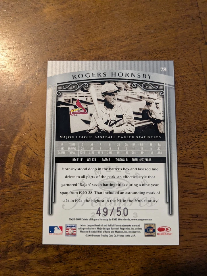 2003 Donruss Timeless Treasures #78 Rogers Hornsby Silver #/50 - Image 2 of 2