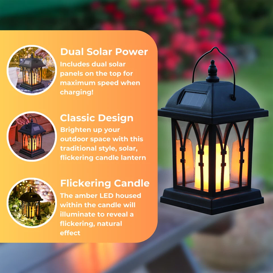 27cm Outdoor Solar Powered Hanging LED Lantern Flickering Waterproof Garden Lamp - Image 3 of 4
