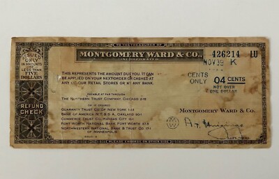 Vintage 30's Paper Check Montgomery Ward & Co Refund Check 04 Cents NOV