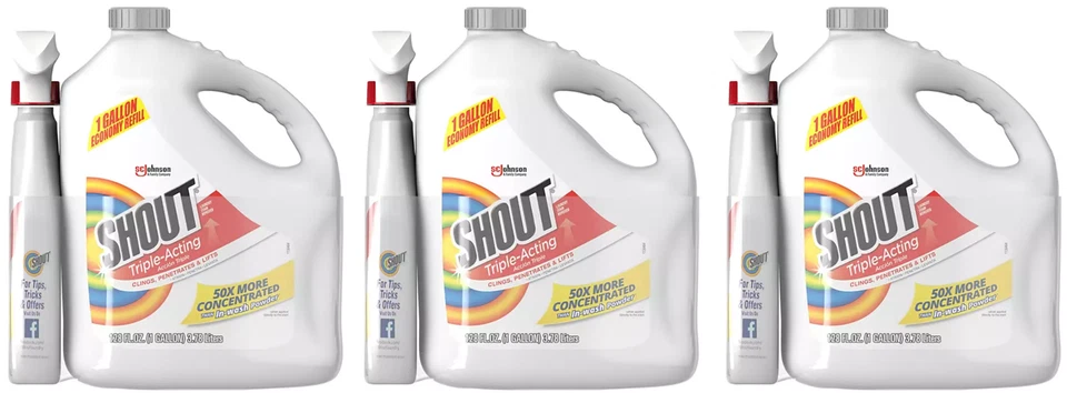 SHOUT! FACTORY 3 pack Shout Triple-Acting Laundry Stain Remover 128 fl. oz. + 22 fl. oz trigger