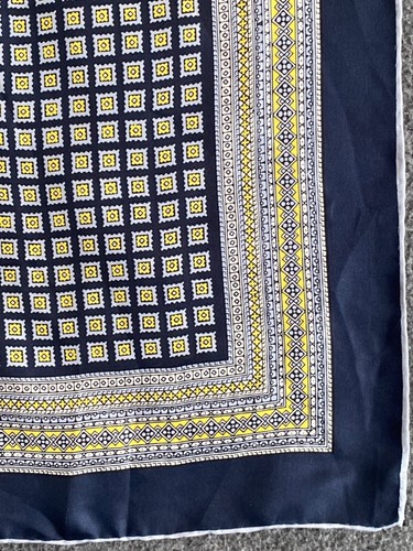 VTG Hand rolled Pocket Handkerchief Blue Gold Square Geometric Silk Japan - Picture 6 of 9