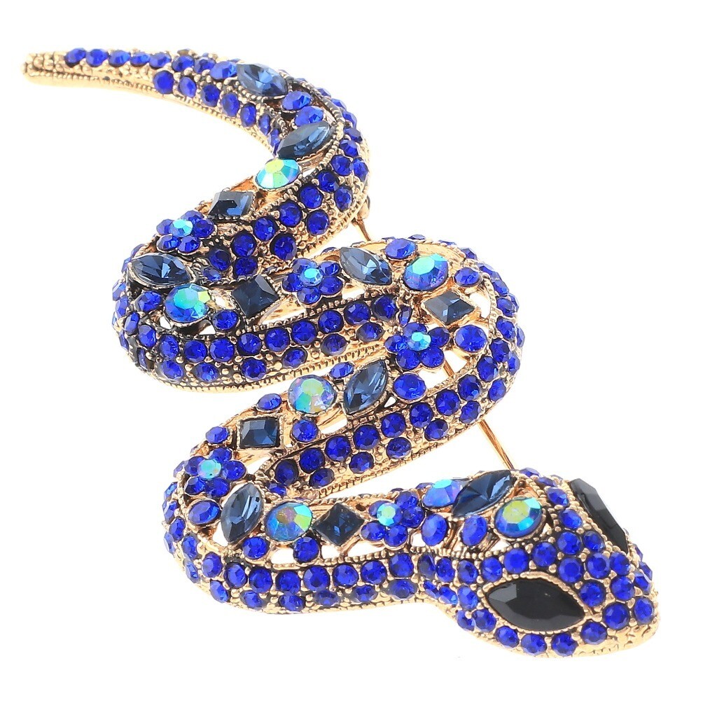 Antique Gold Tone Metal Large Crystal Snake Brooch P1395-SAP