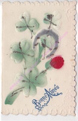 CPA GAUFREE Bonne Année fer à cheval fleurs paillette n1