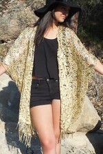 Gold Sequin Embroidered Paisley Kimono Duster Festival Top One size SML