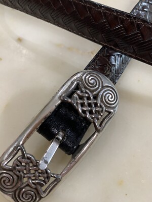 Brighton silver and leather belt sz L Vtg Brighton Belt Sz 32 M/L Woven Leather Silver Heart  main image 4