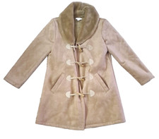 Womens Chaps Suede Coat Tan Toggle Button Faux Fur Lining Pockets Size S