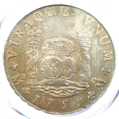 1759 mexikanische Säule Dollar 8 echte Silbermünze (8R) - zertifizierte PCGS AU-Details - Bild 1 von 4
