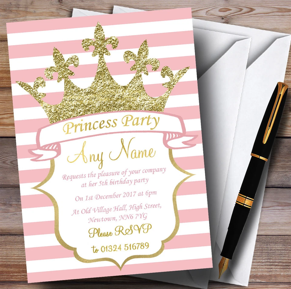 THECARDZOO Pink Stripes Gold Crown Princess Childrens Birthday Party Invitations