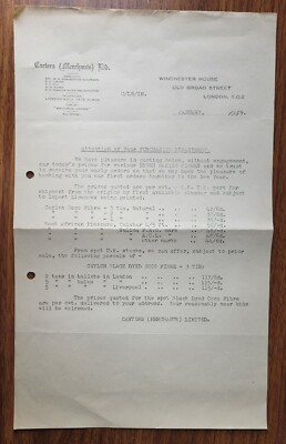 1949 Carters Ltd, Winchester House, Old Broad Street, Brush Fibres. Preisliste