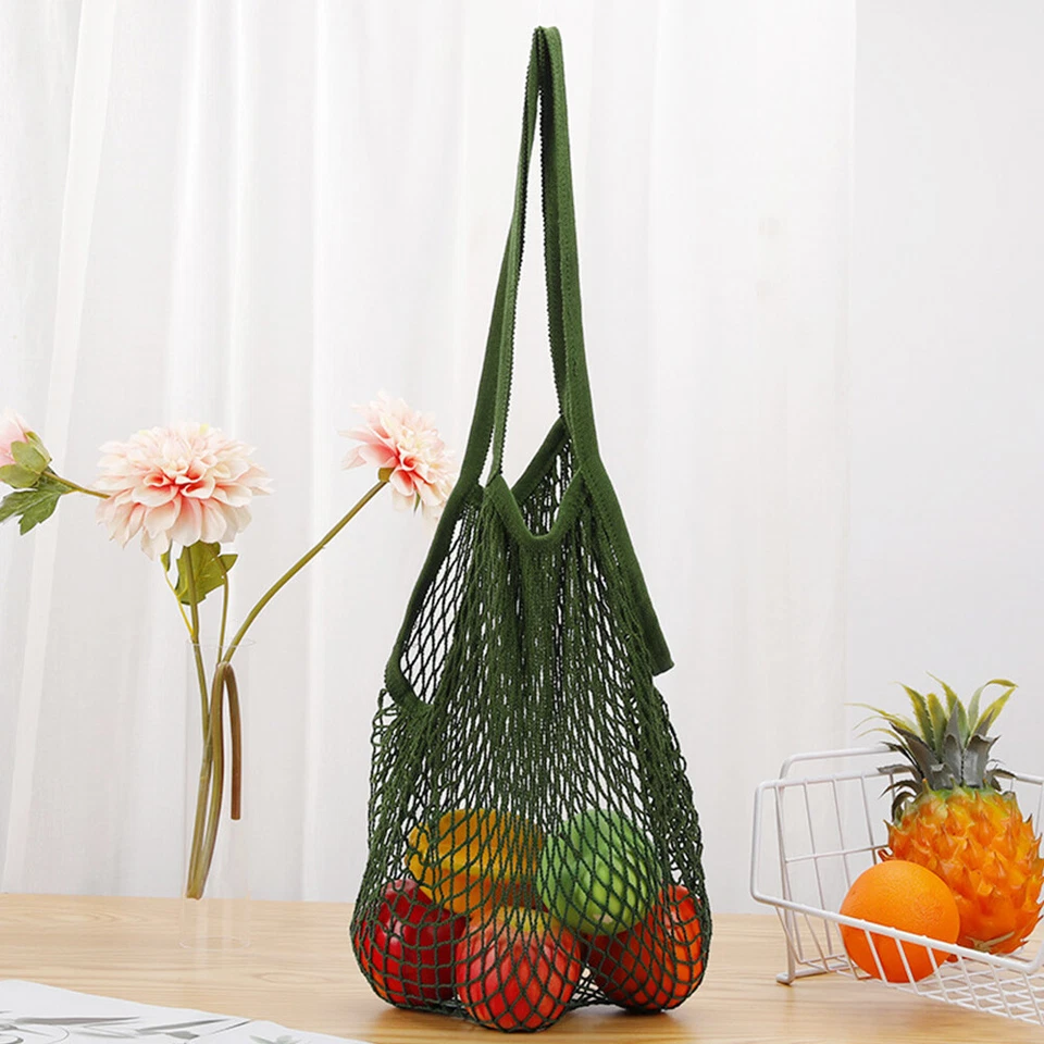 Reusable Cotton Mesh Grocery Bags Foldable Long Handle Net Tote Bag shopping。 - Image 2 of 4