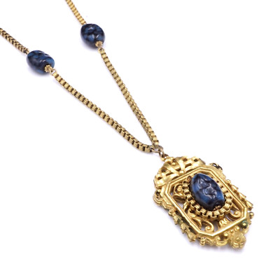 Vintage Designer Miriam Haskell Blue Glass Beaded Victorian Style Necklace