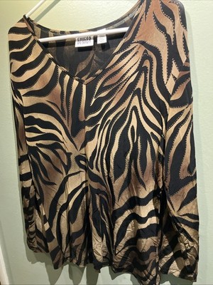 CHICO'S DESIGN Blouse Women 3 Beige Black Exotic Animal Print L/S Slinky Urban