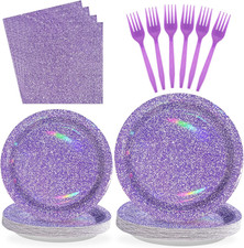 96Pcs Purple Party Supplies Holographic Rainbow Purple Plates and Napkins Sets I